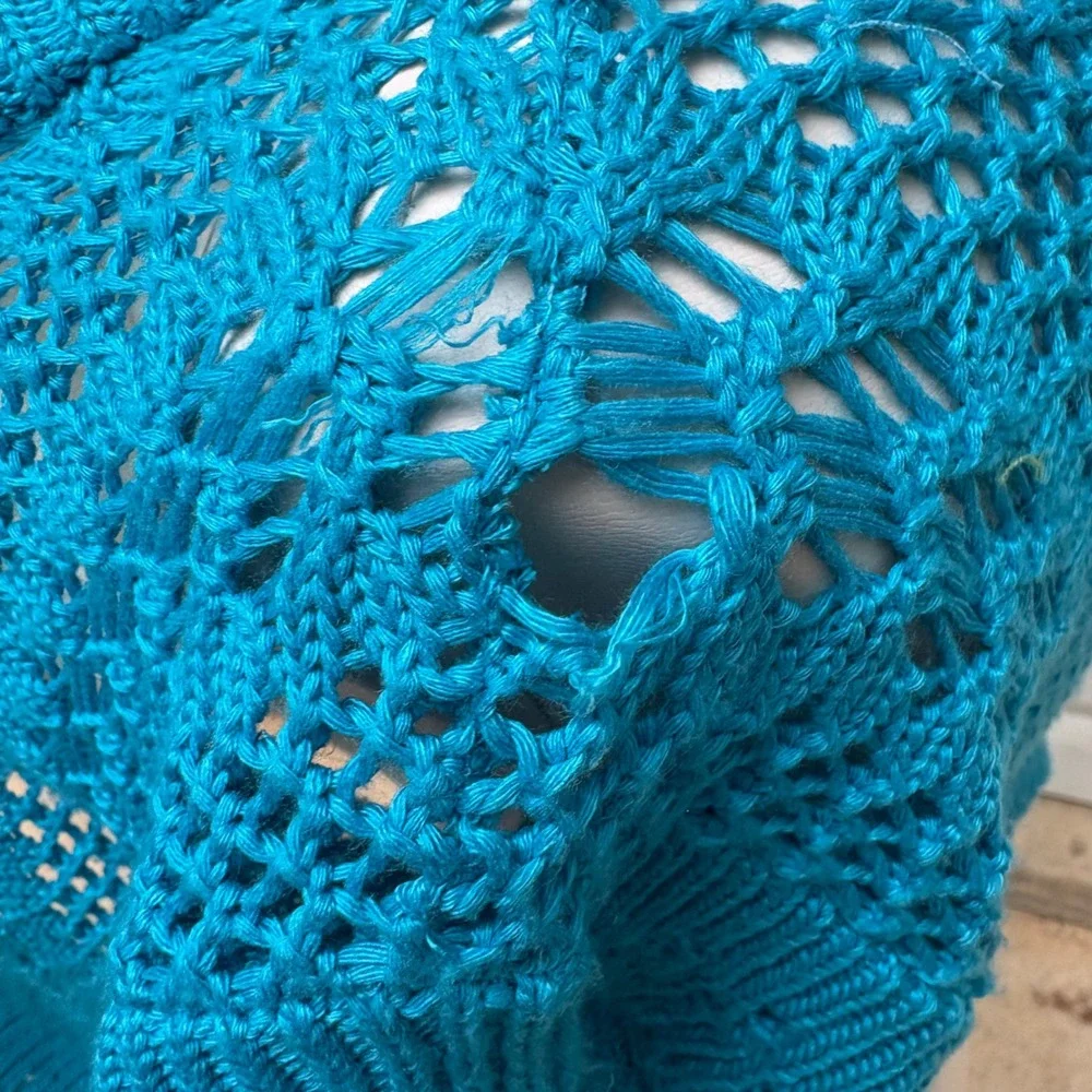 Sweaterworks Bolero Shrug SmTurquoise Blue Pointelle Open Knit Cropped Coastal - Picture 7 of 7